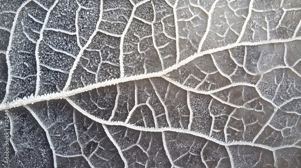 Poster nature's frost patterns displayed on leaf in macro photography