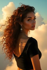 Curly hair cascades down a woman’s back as she smiles subtly in warm light.