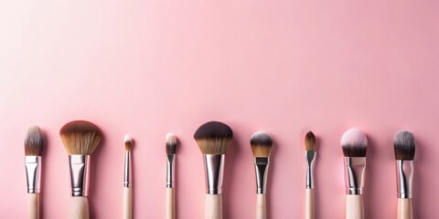 Fototapeta premium A Row of Makeup Brushes on a Pink Background for Beauty and Cosmetic Application