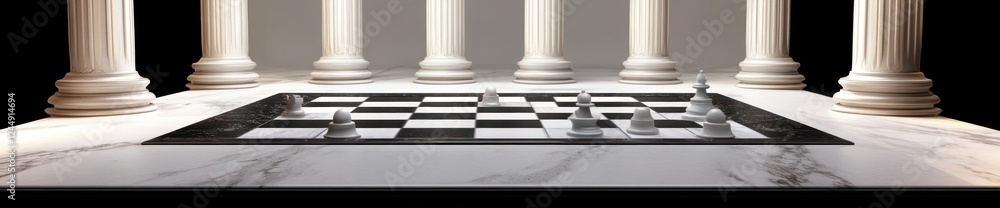 Poster marble chessboard set amidst classical columns.