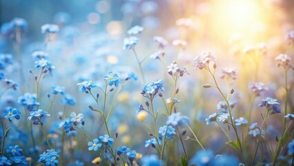 Fototapeta premium A field of delicate blue wildflowers bathed in the golden light of the setting sun, a tranquil and serene springtime scene