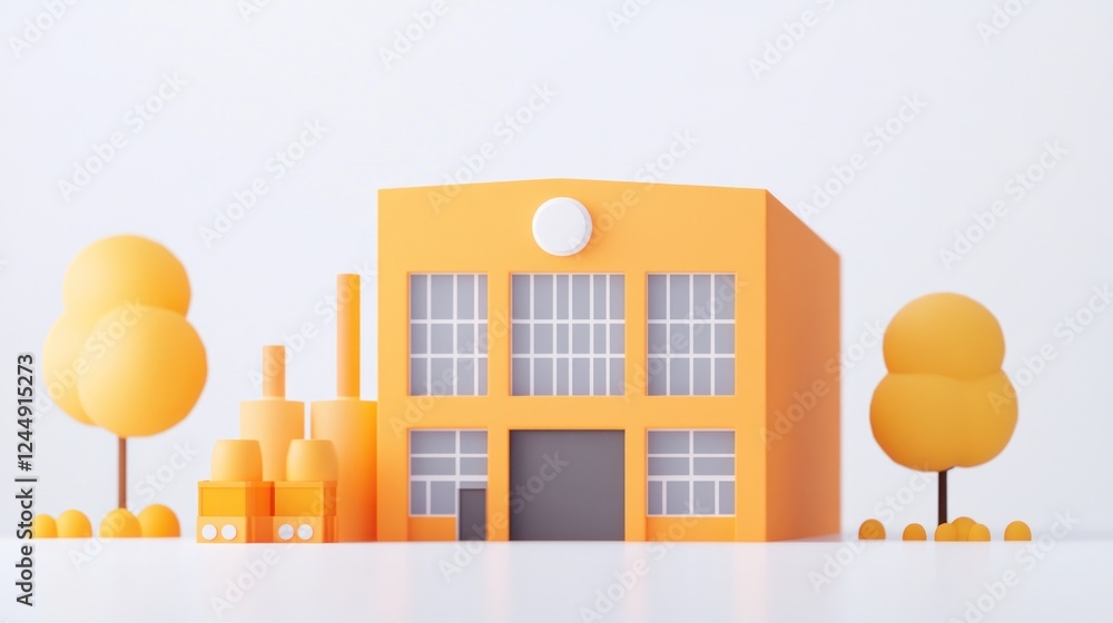 Poster simple 3d render of an orange factory building with trees.