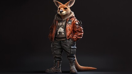 Anthropomorphic kangaroo in stylish streetwear posing against a dark background.
