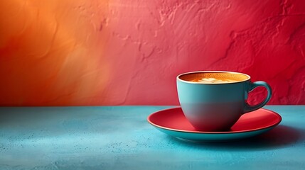 Obraz premium A minimalist coffee cup with golden crema on a gradient lavender-to-teal background, with smooth textures for a modern feel