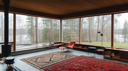 Fototapeta premium Modern living room with panoramic lake views, featuring mid-century furniture, large windows, and wood accents.