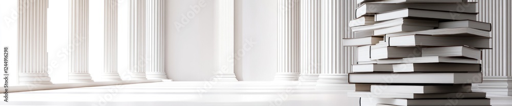 Poster stack of books in a classical white room with columns.