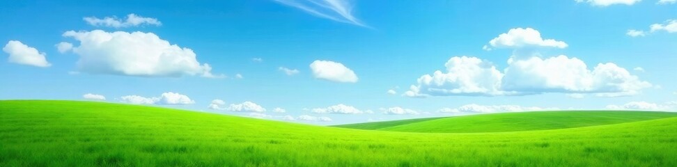 Fototapeta premium serene landscape with green grass under blue sky and white clouds, blue, white, scenery