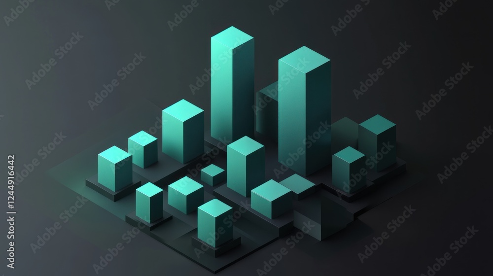 Canvas Prints Isometric city skyline at night, teal buildings, dark background.