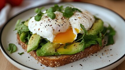 Delicious Avocado Toast with Poached Eggs and Fresh Greens on a Plate