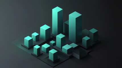 Isometric city skyline at night, teal buildings, dark background.