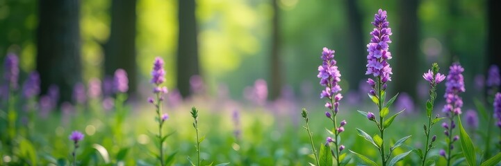 Obraz premium Tall stems of purple flowers in forest clearing, tall, flowers