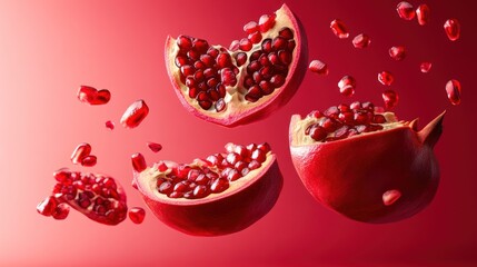 Levitation pomegranate fruit pieces with seeds exploding in air on red background.