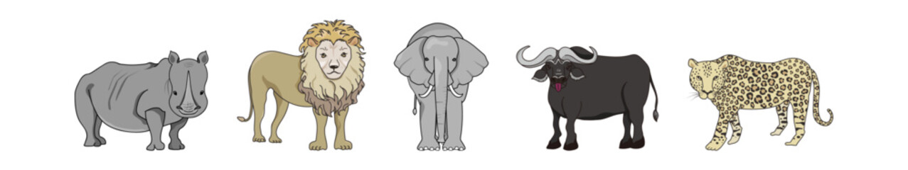 Naklejka premium アフリカの野生動物ビッグ5、象、ライオン、ひょう、バッファロー、サイ