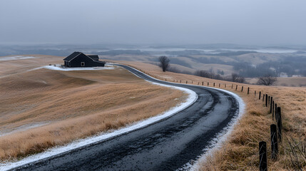 Fototapeta premium Winding road, snowy hills, house, winter landscape, scenic drive