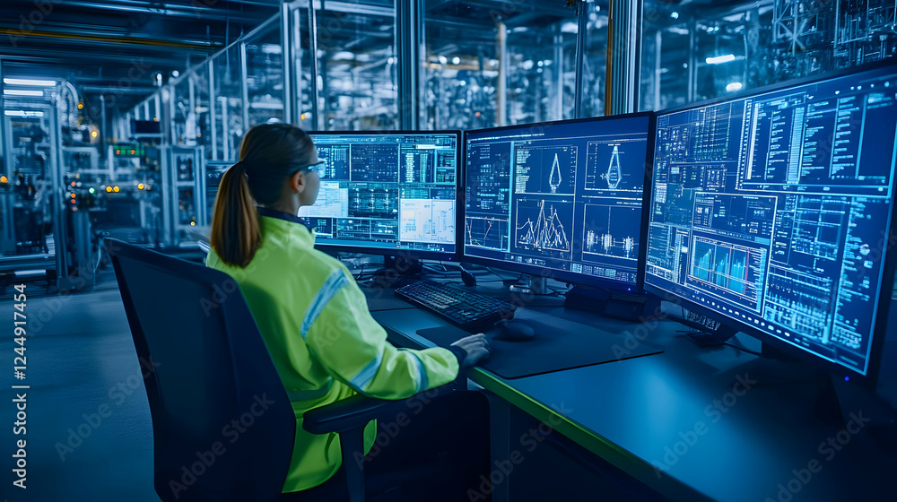 Poster industrial engineer monitors line production via computer monitors displays in factory control room.