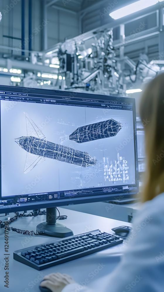 Poster engineer works on a complex aerospace engineering project using cad software in a high-tech facility