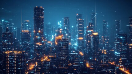 Nighttime view of a technologically advanced city with sleek, illuminated skyscrapers. Premium background for the latest technology needs.