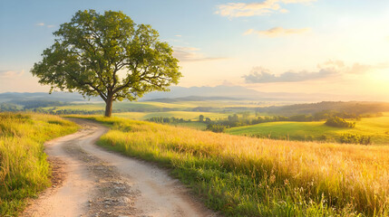 Naklejka premium Sunset over rolling hills, lone tree by dirt road