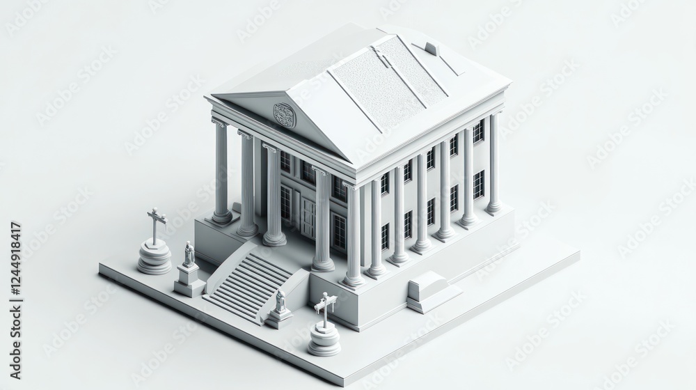 Poster isometric 3d model of a classical building with columns, steps, and a pediment.