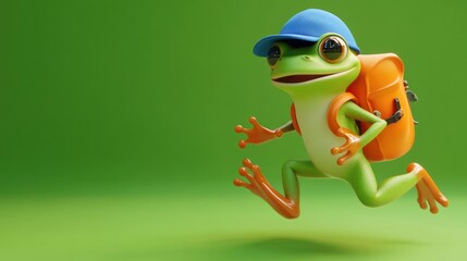 Obraz premium A cheerful cartoon frog in a blue cap and orange backpack runs against a green background.