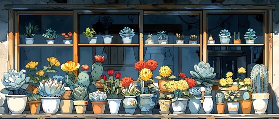 Fototapeta premium Exotic houseplants in ceramic pots on windowsill.