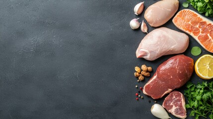 Fresh Meat and Herbs Composition on Dark Background