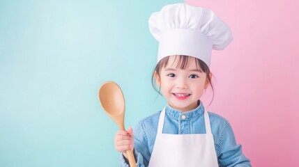 Happy toddler girl chef in hat and apron holding wooden spoon.