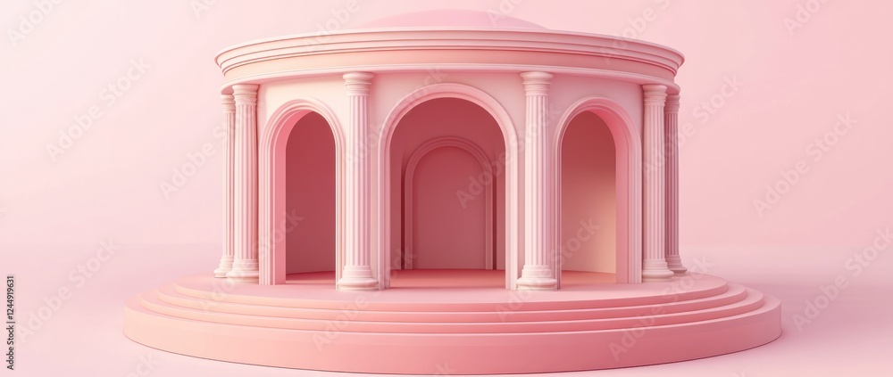 Poster pink round temple with columns and arches on a platform.