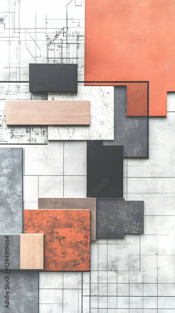 Poster Architectural Material Samples on Blueprint Displaying Diverse Textures and Colors for Design