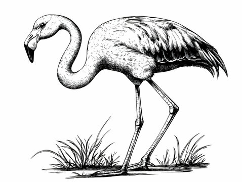 Elegant Flamingo Stands Gracefully Amidst Lush Grass in Detailed Illustration