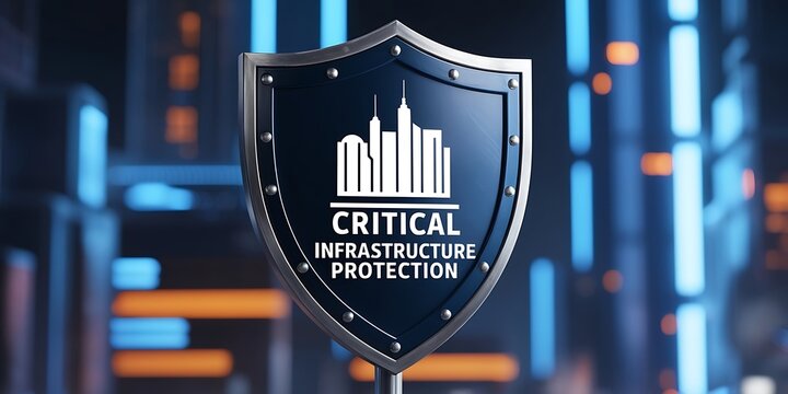 Futuristic shield graphic labeled "Critical Infrastructure Protection" with sleek design and glowing urban backdrop, highlighting cyber safety and asset defense

