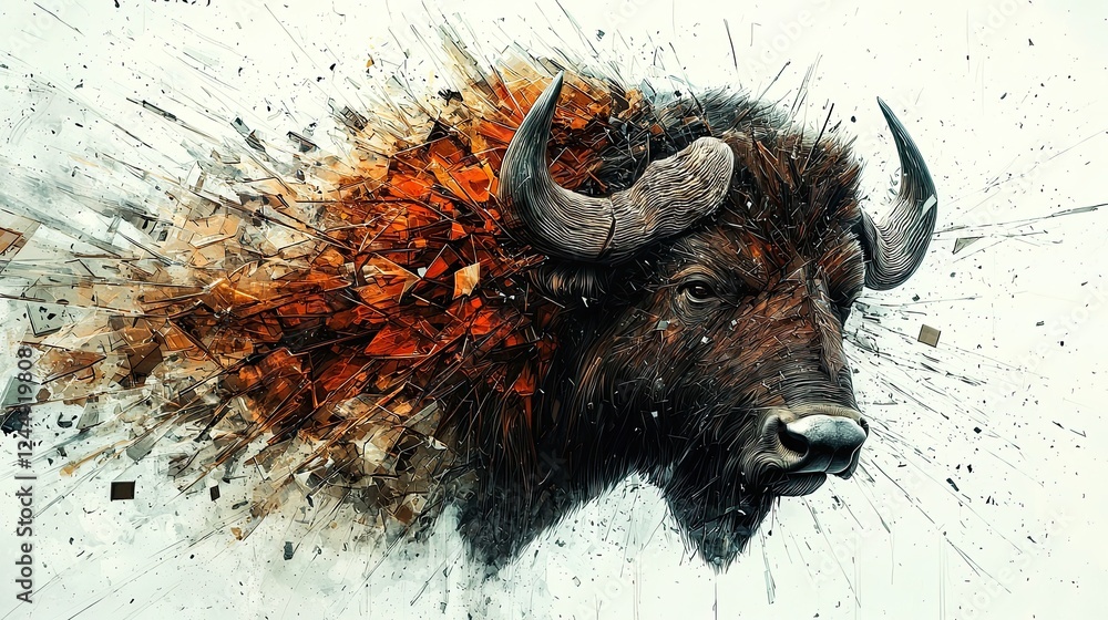 Poster bison head emerging from an abstract explosion of colors and textures in a dynamic, creative represe