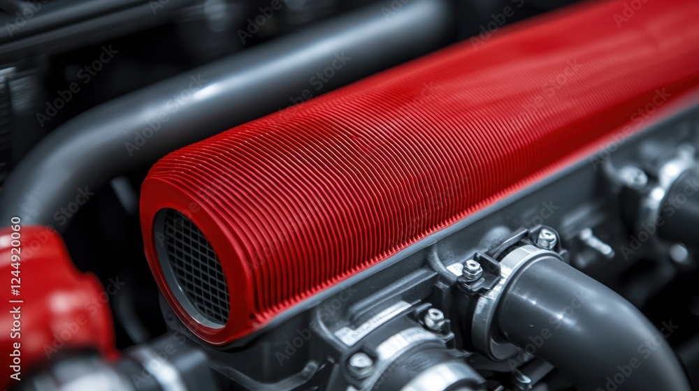 Poster close-up of engine component with red element