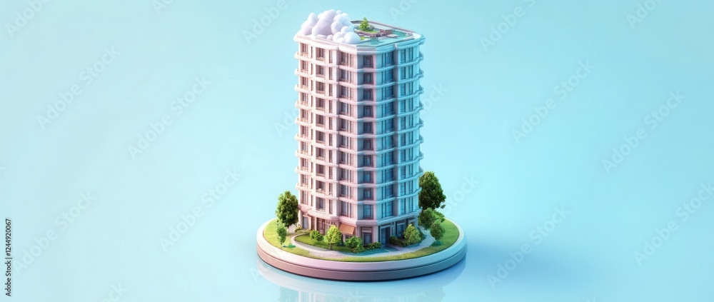 Poster isometric view of a modern apartment building with surrounding greenery.