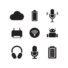 Essential Tech Symbol Set Camera, Wifi, Bluetooth, Headset, Robot, and More. Professional Technology Icon Set