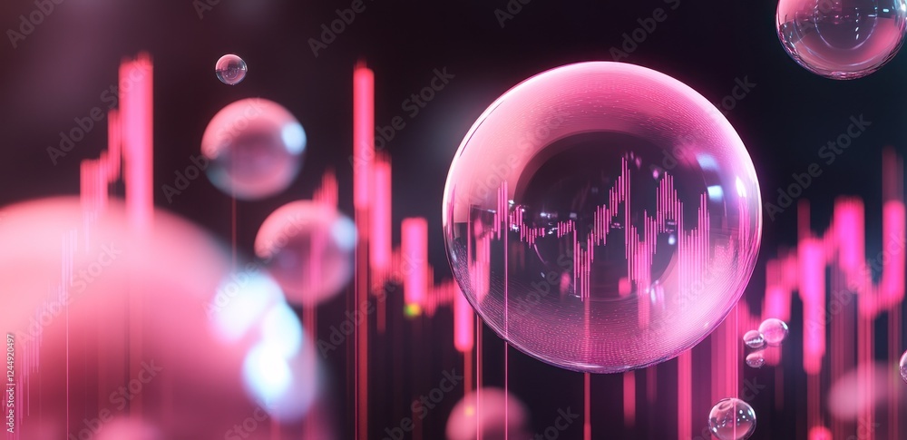 Poster abstract pink spheres with data visualization inside, floating against a dark background with vertic