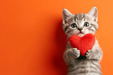 Cute european shorthair young cat with fluffy red heart - emblem of love, funny greeting card. European shorthair - my desired cat. Marketing idea. Cute kitten february photo. Love pet theme.