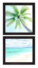 Two Framed Tropical Prints: Palm Tree and Serene Beach with Aqua Waters and Soft Sand