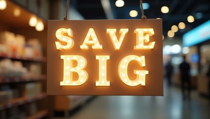 aesthetic sign with the word save big on a market background