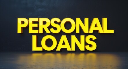 Fototapeta premium personal loans word lettering with yellow glow on plain black dark background