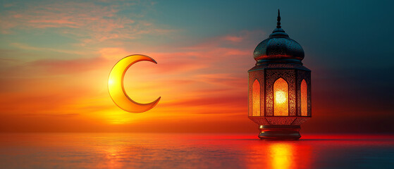 Fototapeta premium Stunning Ramadan scene with glowing crescent moon and ornate Arabic lantern reflecting on calm water at sunset, symbolizing spirituality, tradition, faith, peace, and celebration.