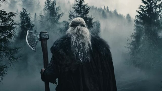 4k video of a viking holding his axe and walking.