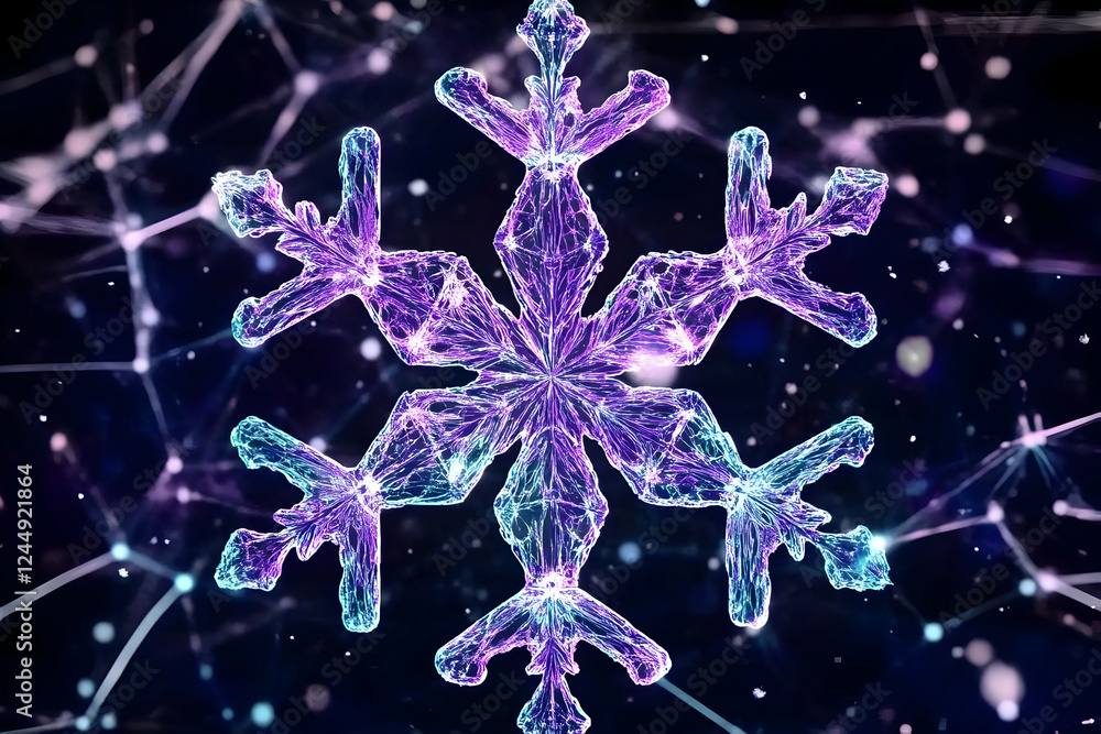 Poster glowing 3d snowflake with intricate design shines brightly against dark backdrop