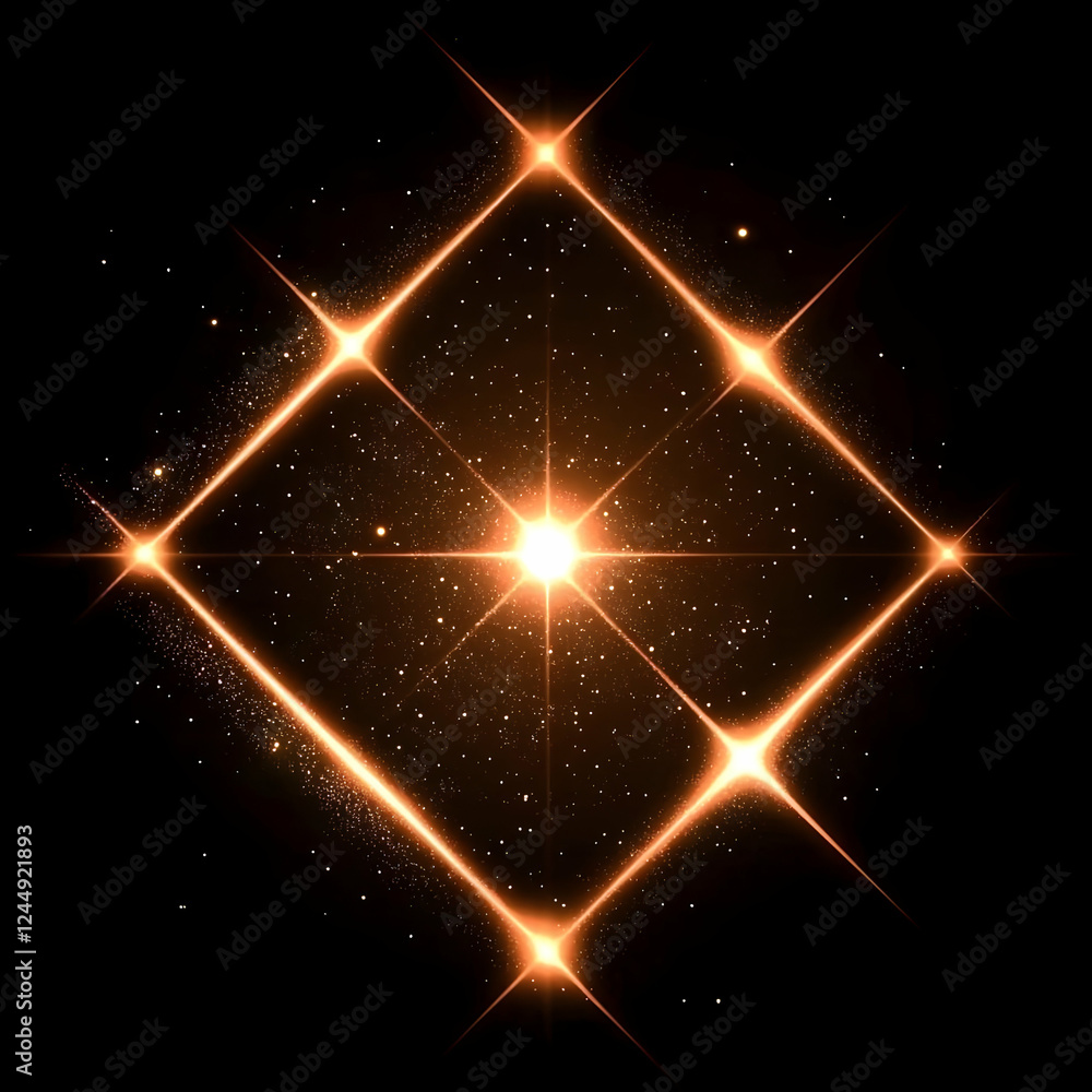 Poster golden light beams form a diamond shape with sparkling particles on a dark background