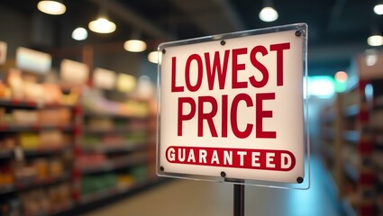 aesthetic sign with the word lowest price guaranteed on a market background