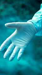 Gloved Hand Reaches Out in a Sterile, Teal-Tinted Environment. Offering Help, Protection, or Examination