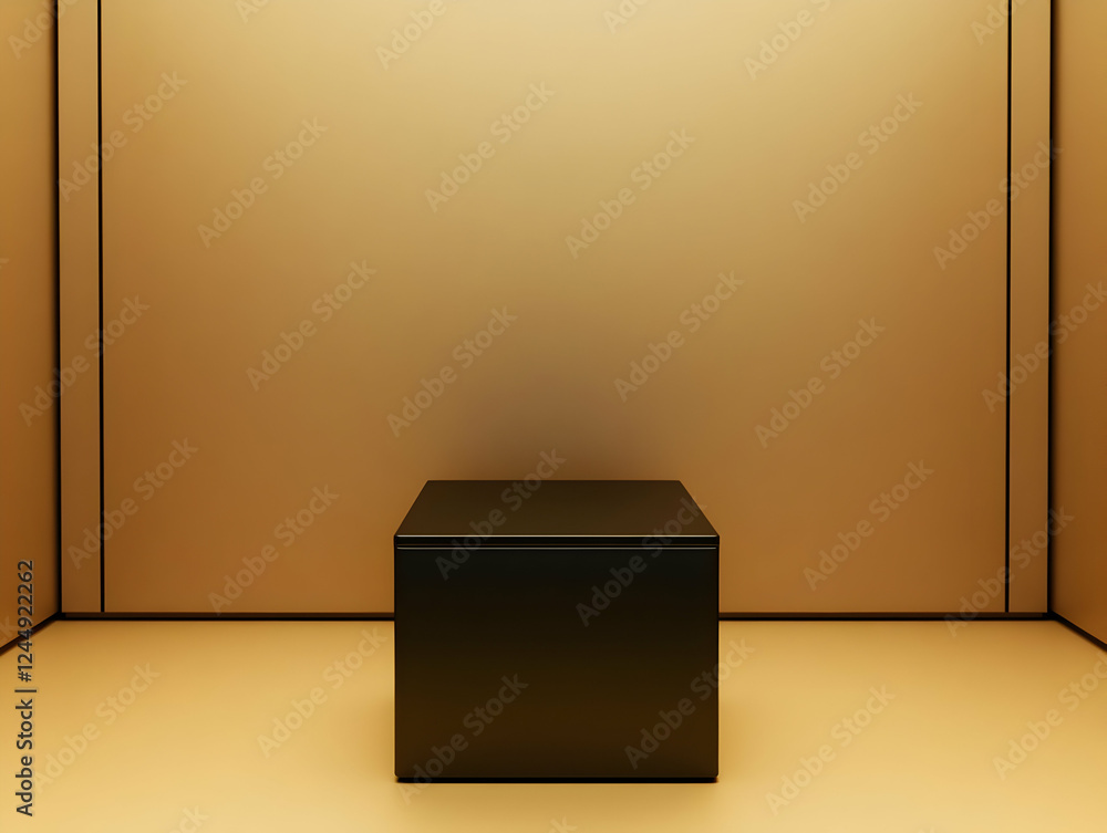 Poster black cube on a gold background in a minimalist room with soft lighting for product display