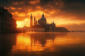 Obraz premium Venetian Church at Sunrise with Gondolas and Mist