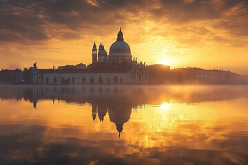 Obraz premium Golden Sunrise Over Venetian Church Reflecting in Calm Water