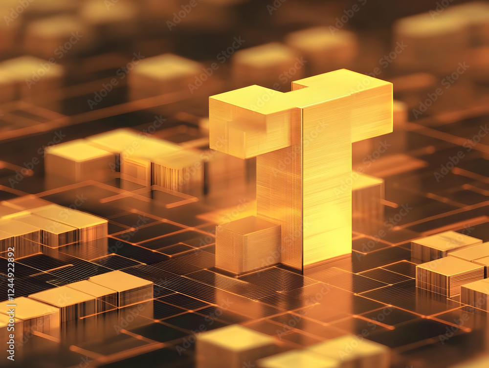 Poster golden letter t stands on a grid of blocks in a 3d render
